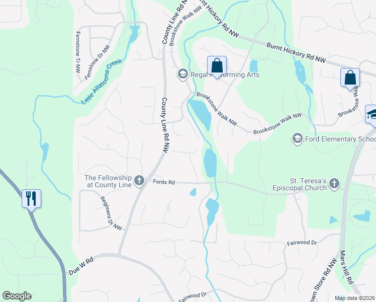 map of restaurants, bars, coffee shops, grocery stores, and more near 6056 Victoria Falls Overlook Northwest in Acworth