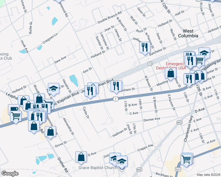 map of restaurants, bars, coffee shops, grocery stores, and more near 1832 Burnham Street in West Columbia