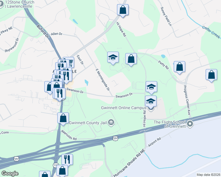 map of restaurants, bars, coffee shops, grocery stores, and more near 815 East Morningside Drive in Lawrenceville