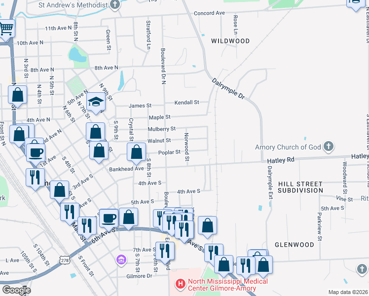 map of restaurants, bars, coffee shops, grocery stores, and more near Norwood Street in Amory