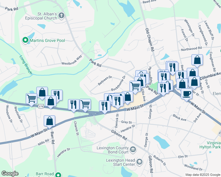 map of restaurants, bars, coffee shops, grocery stores, and more near 312 Buckthorne Drive in Lexington