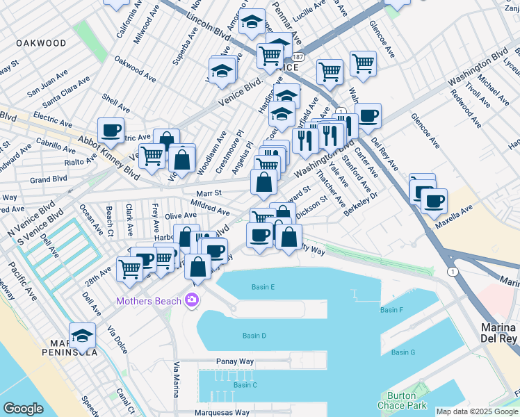 map of restaurants, bars, coffee shops, grocery stores, and more near 720 West Washington Boulevard in Marina del Rey
