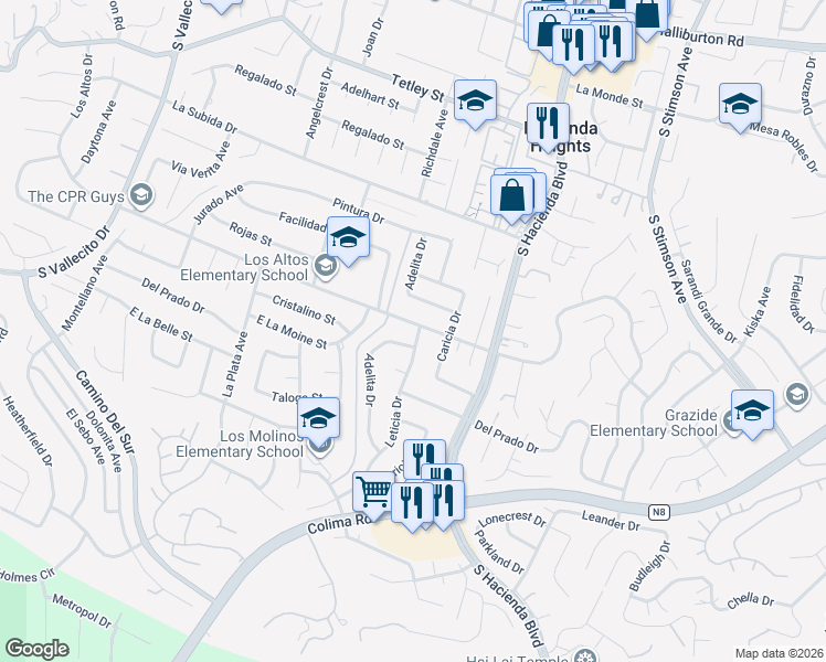 map of restaurants, bars, coffee shops, grocery stores, and more near 2807 Leticia Drive in Hacienda Heights