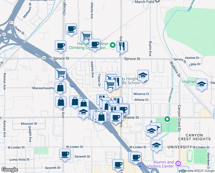 map of restaurants, bars, coffee shops, grocery stores, and more near 1331 Turquoise Street in Riverside