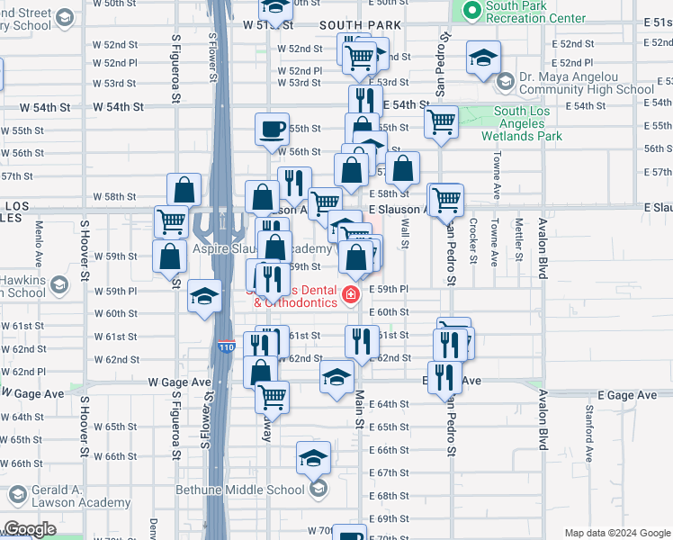 map of restaurants, bars, coffee shops, grocery stores, and more near 134 West 59th Street in Los Angeles