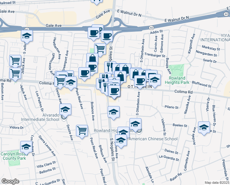 map of restaurants, bars, coffee shops, grocery stores, and more near 1724 Nogales Street in La Puente