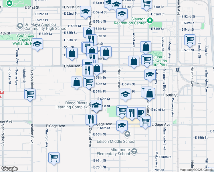 map of restaurants, bars, coffee shops, grocery stores, and more near 1200 East 59th Street in Los Angeles