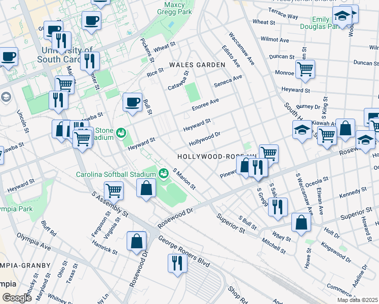 map of restaurants, bars, coffee shops, grocery stores, and more near 137 South Pickens Street in Columbia