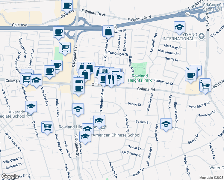 map of restaurants, bars, coffee shops, grocery stores, and more near 19240 Colima Road in Rowland Heights