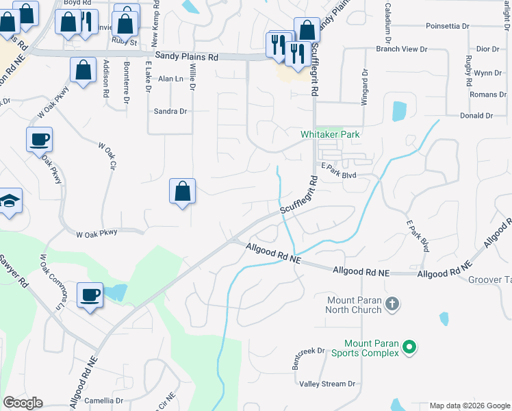map of restaurants, bars, coffee shops, grocery stores, and more near 1500 Gateview Circle Northeast in Marietta
