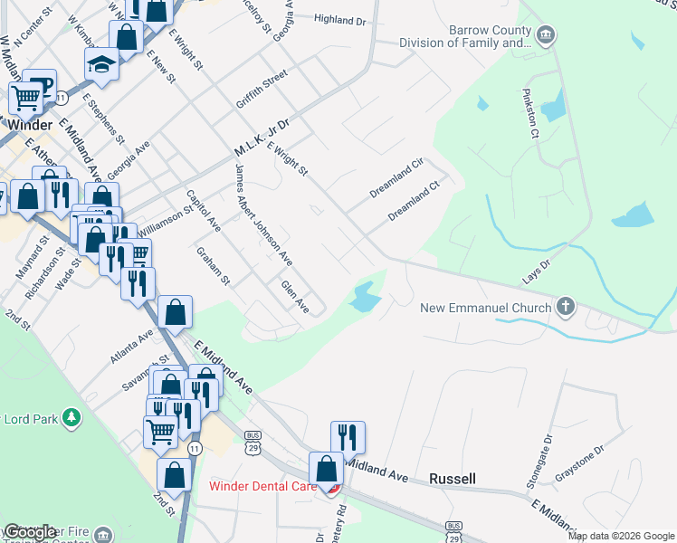 map of restaurants, bars, coffee shops, grocery stores, and more near 549 Scrooch Court in Winder