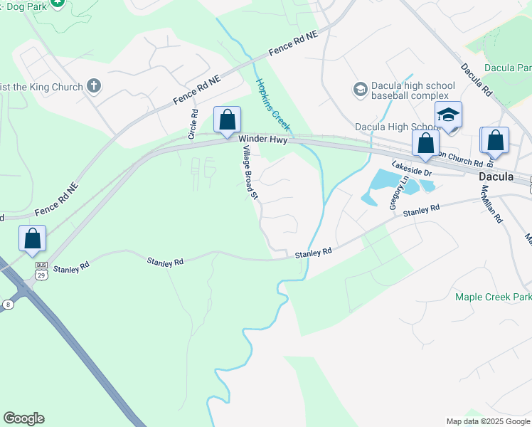 map of restaurants, bars, coffee shops, grocery stores, and more near 2155 Villa Spring Court in Dacula