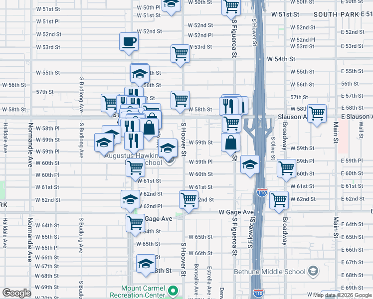 map of restaurants, bars, coffee shops, grocery stores, and more near 5914 South Hoover Street in Los Angeles