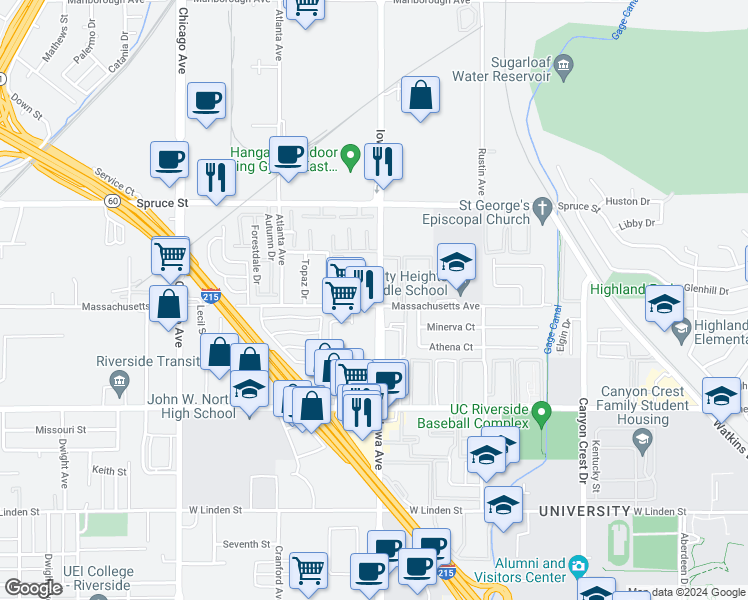 map of restaurants, bars, coffee shops, grocery stores, and more near 1301 Massachusetts Avenue in Riverside