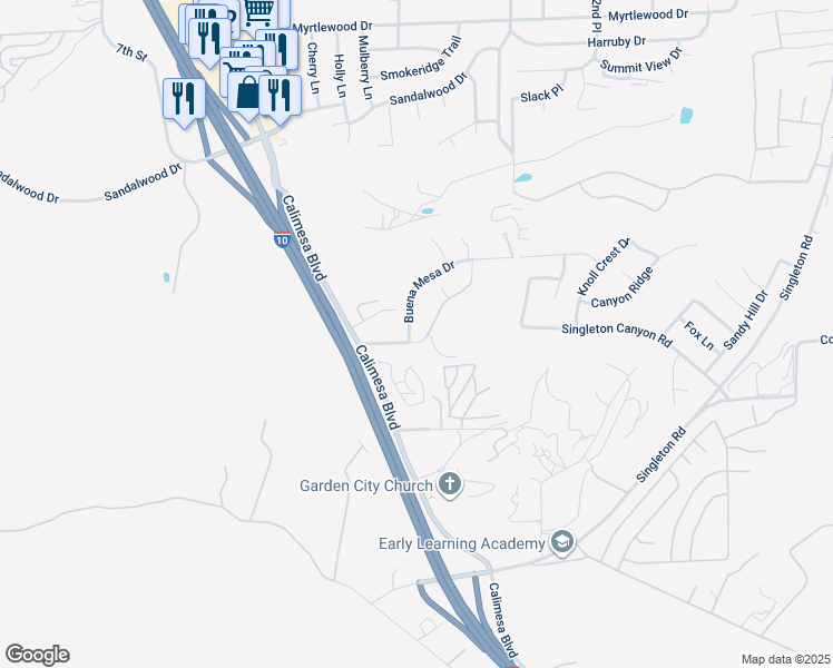 map of restaurants, bars, coffee shops, grocery stores, and more near 34871 Buena Mesa Drive in Calimesa