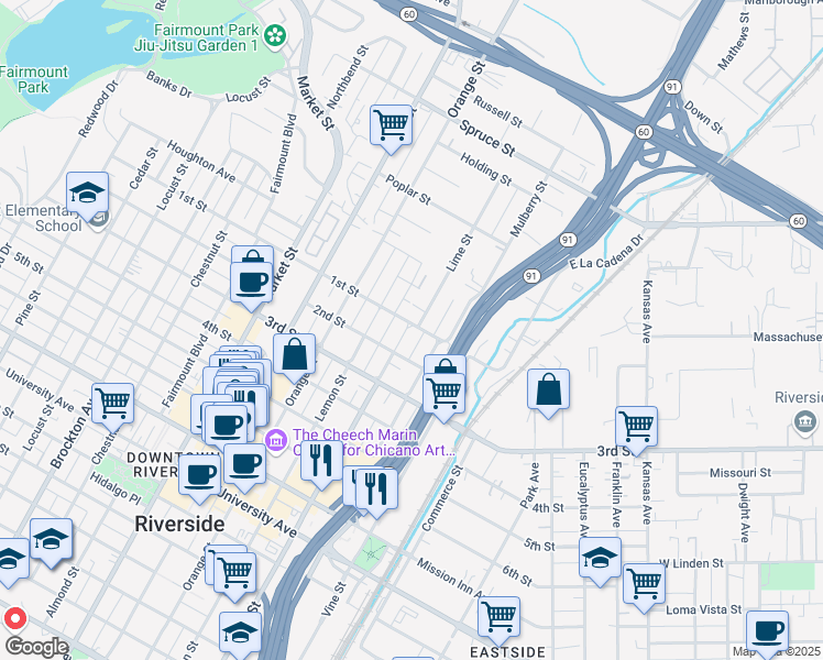 map of restaurants, bars, coffee shops, grocery stores, and more near 3110 Lime Street in Riverside