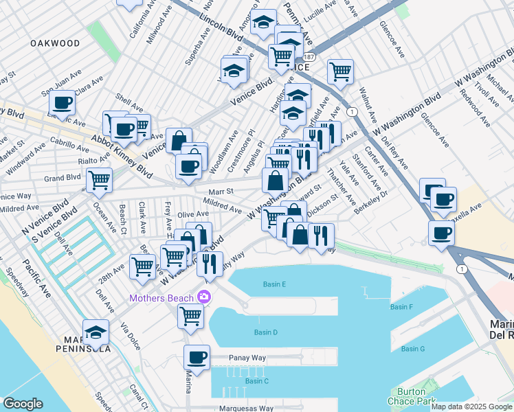 map of restaurants, bars, coffee shops, grocery stores, and more near 701 West Washington Boulevard in Los Angeles
