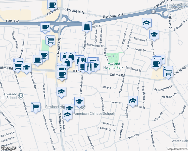 map of restaurants, bars, coffee shops, grocery stores, and more near 19270 Colima Road in Rowland Heights