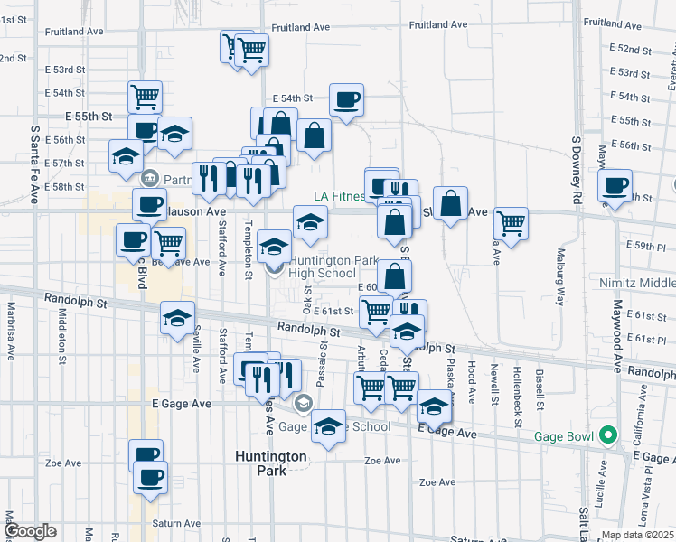map of restaurants, bars, coffee shops, grocery stores, and more near 2936 Belgrave Avenue in Huntington Park