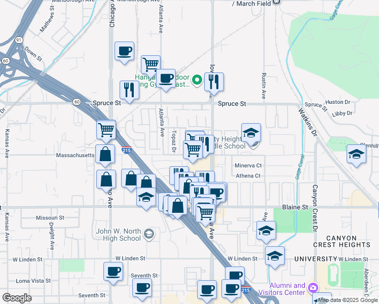 map of restaurants, bars, coffee shops, grocery stores, and more near 1331 Massachusetts Avenue in Riverside