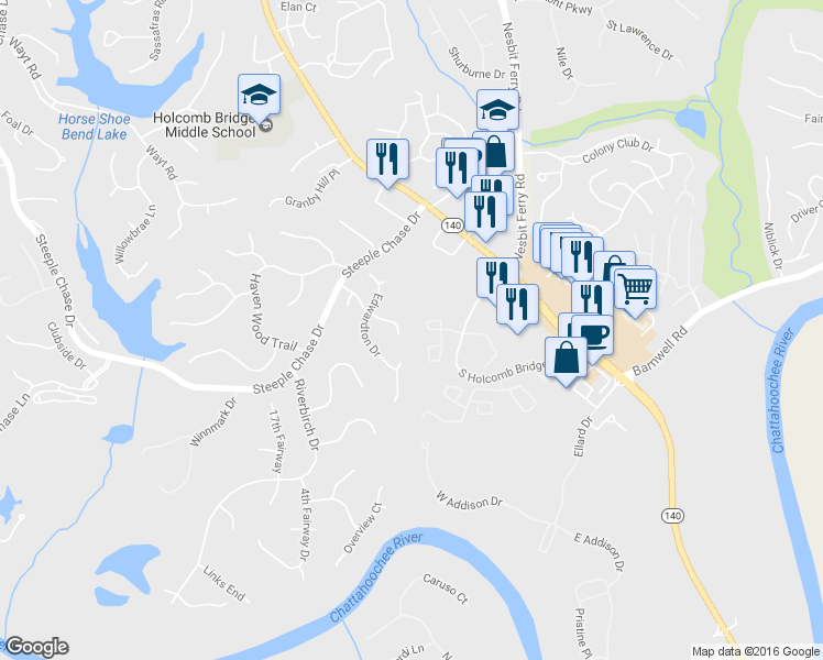 map of restaurants, bars, coffee shops, grocery stores, and more near 820 Glen Royal Drive in Roswell