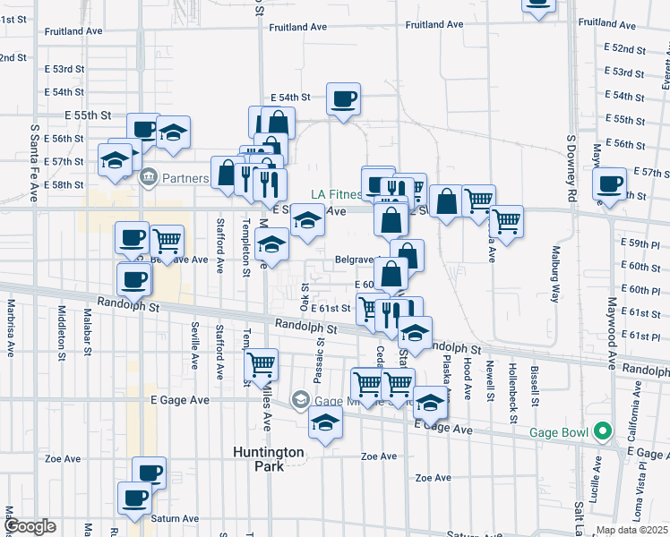 map of restaurants, bars, coffee shops, grocery stores, and more near 2936 Belgrave Avenue in Huntington Park