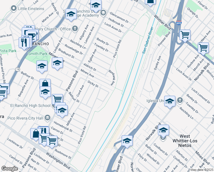 map of restaurants, bars, coffee shops, grocery stores, and more near 9636 Mines Avenue in Pico Rivera