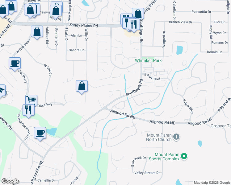 map of restaurants, bars, coffee shops, grocery stores, and more near 1500 Gateview Way in Marietta