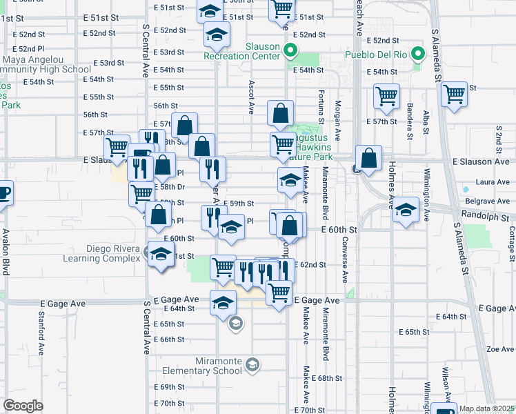 map of restaurants, bars, coffee shops, grocery stores, and more near 1408 East 59th Street in Los Angeles