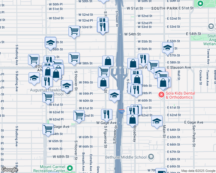 map of restaurants, bars, coffee shops, grocery stores, and more near 5912 South Figueroa Street in Los Angeles