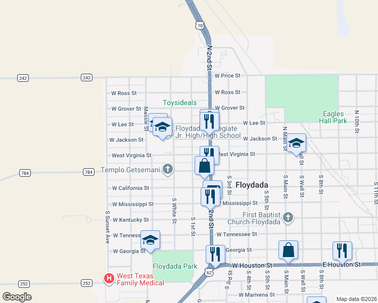 map of restaurants, bars, coffee shops, grocery stores, and more near 602 West Virginia Street in Floydada
