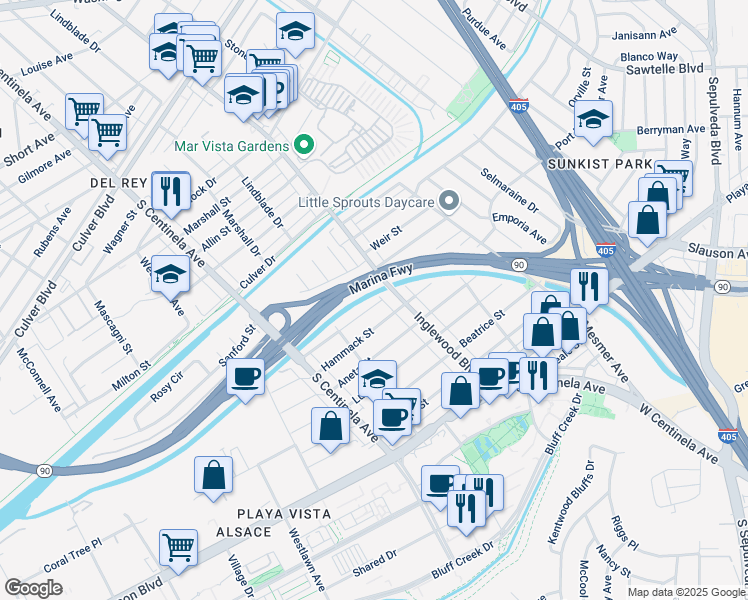 map of restaurants, bars, coffee shops, grocery stores, and more near 12023 Alberta Drive in Culver City