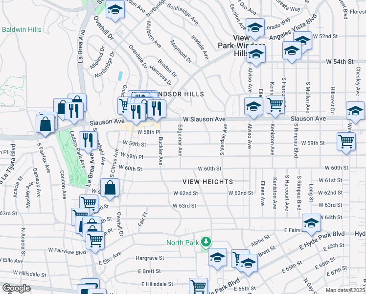 map of restaurants, bars, coffee shops, grocery stores, and more near 5910 Edgemar Avenue in Los Angeles