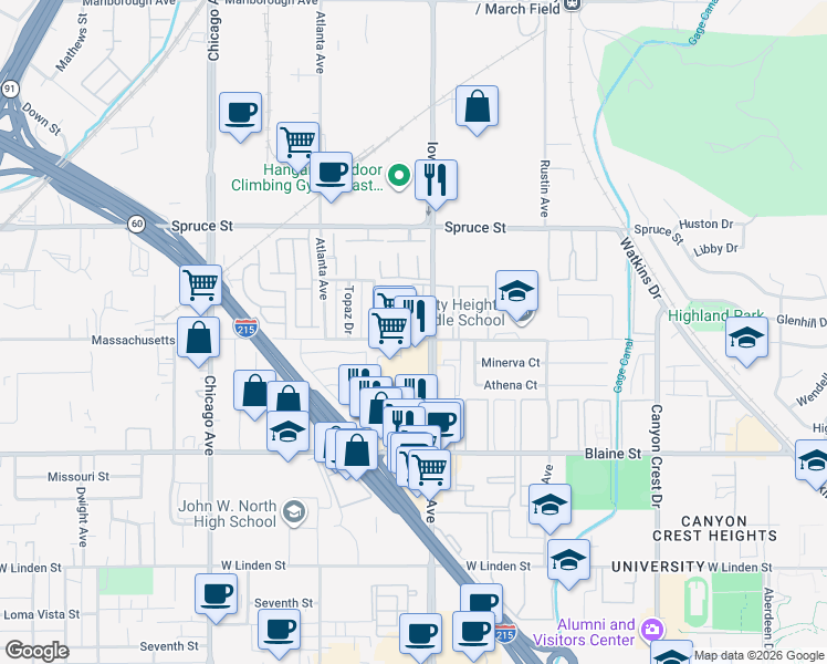 map of restaurants, bars, coffee shops, grocery stores, and more near 1311 Massachusetts Avenue in Riverside