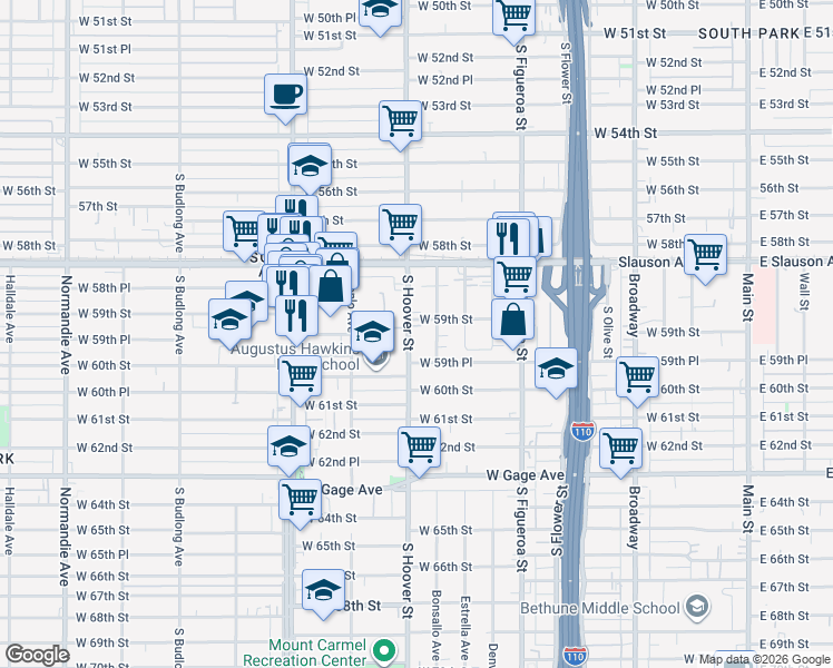 map of restaurants, bars, coffee shops, grocery stores, and more near 5910 South Hoover Street in Los Angeles