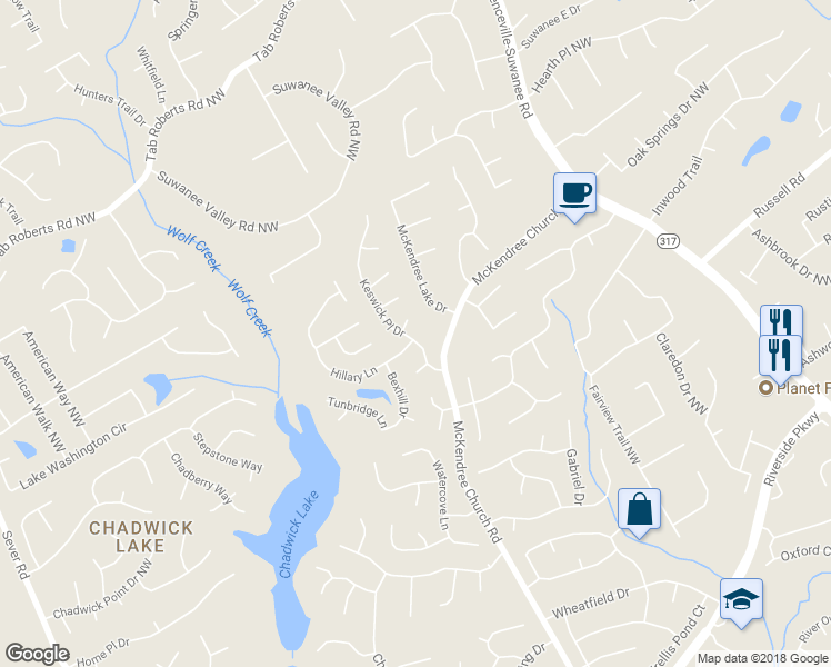 map of restaurants, bars, coffee shops, grocery stores, and more near 1685 Keswick Place Drive in Lawrenceville