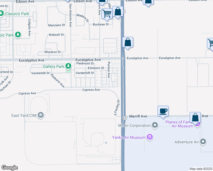 map of restaurants, bars, coffee shops, grocery stores, and more near 6958 Clemson Street in Chino