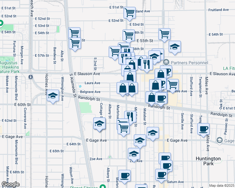map of restaurants, bars, coffee shops, grocery stores, and more near 2230 Belgrave Avenue in Huntington Park