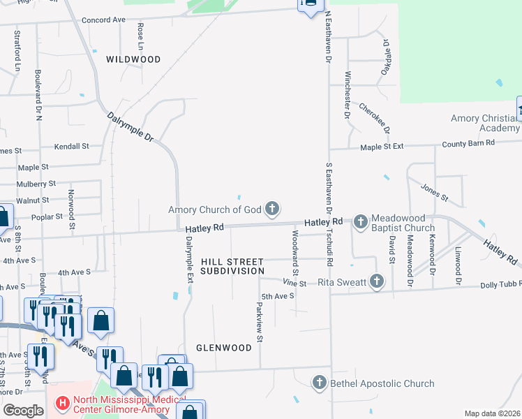 map of restaurants, bars, coffee shops, grocery stores, and more near 1313 Hatley Road in Amory