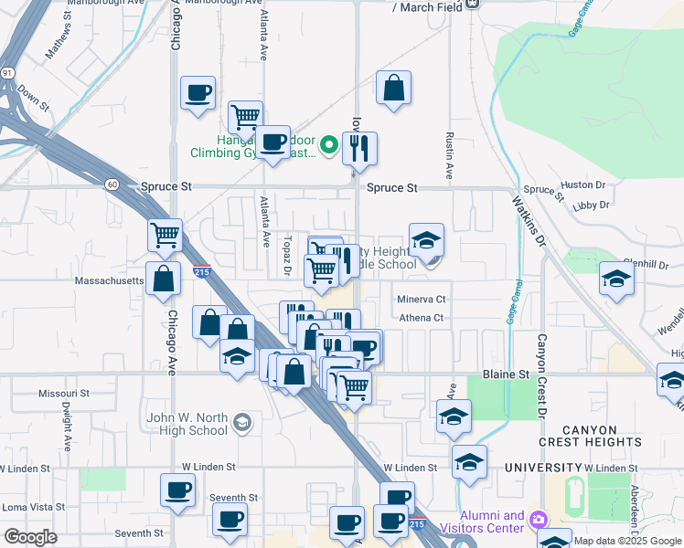 map of restaurants, bars, coffee shops, grocery stores, and more near 1311 Massachusetts Avenue in Riverside