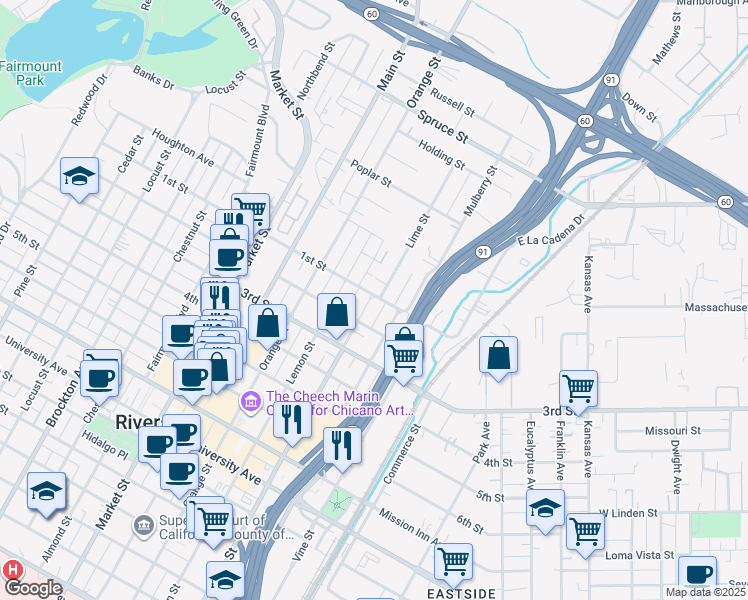 map of restaurants, bars, coffee shops, grocery stores, and more near 3110 Lime Street in Riverside