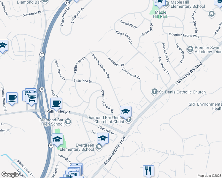 map of restaurants, bars, coffee shops, grocery stores, and more near 1866 Morning Canyon Road in Diamond Bar