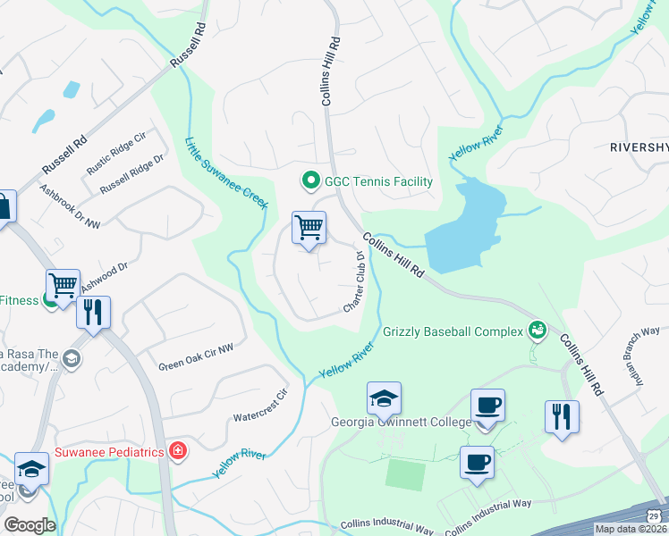 map of restaurants, bars, coffee shops, grocery stores, and more near 202 Dun Barton Court in Lawrenceville