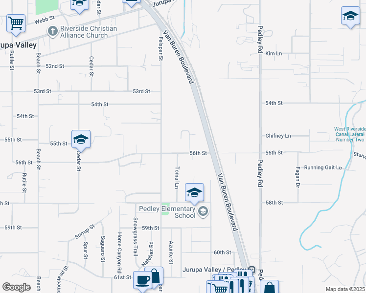 map of restaurants, bars, coffee shops, grocery stores, and more near 9105 56th Street in Riverside