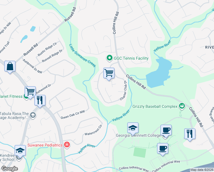 map of restaurants, bars, coffee shops, grocery stores, and more near 1351 Woodland View Road in Lawrenceville