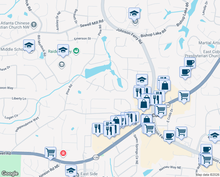 map of restaurants, bars, coffee shops, grocery stores, and more near 4047 Bradbury Dr in Marietta