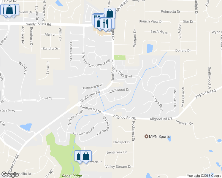 map of restaurants, bars, coffee shops, grocery stores, and more near 1471 Brentwood Drive in Marietta
