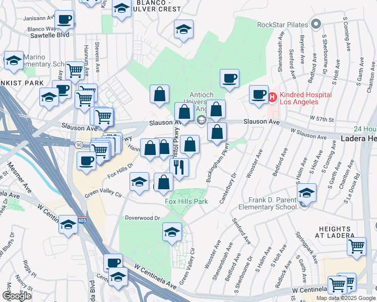 map of restaurants, bars, coffee shops, grocery stores, and more near 5800 Bristol Parkway in Culver City