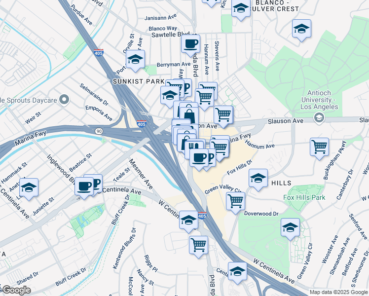 map of restaurants, bars, coffee shops, grocery stores, and more near 5668 Selmaraine Drive in Culver City