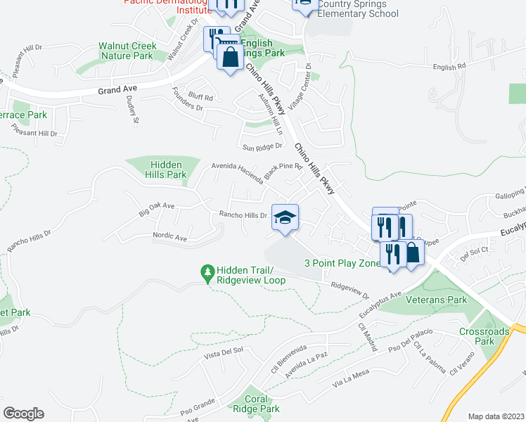 map of restaurants, bars, coffee shops, grocery stores, and more near 2196 Rancho Hills Drive in Chino Hills